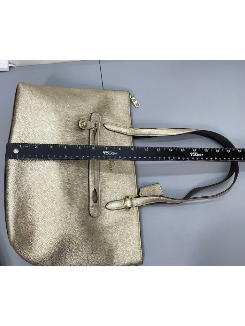 Coach Taylor Tote Shoulder Bag Zip Top Metallic Pebbled Leather Gold